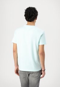 Mintgrünes T-Shirt mit kurzen Ärmeln, rundem Ausschnitt und glatter Textur, getragen mit grauen Jeans, von hinten betrachtet.
