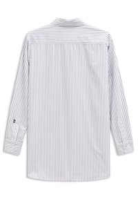 Striped long-sleeve shirt in light blue and white, featuring a collar, buttoned cuffs, and a straight hem with a smooth cotton texture.