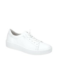 Witte vetersneakers van soepel leer, met een gestructureerde zool en versterkte neus. Minimalistisch ontwerp met subtiele stikseldetails.