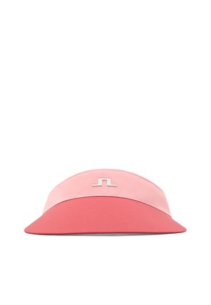 Roze vizierhoed met een gebogen klep en een zilveren geometrisch logo gecentreerd op de voorste band.