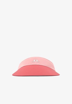 Cappello con visiera rosa con una tesa curva e un logo geometrico argentato al centro della fascia anteriore.