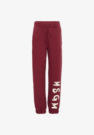 Bordeaux sweatpants met elastische tailleband en trekkoord, met crèmekleurige tekst "MSGM" verticaal gedrukt op het linkerpijp.