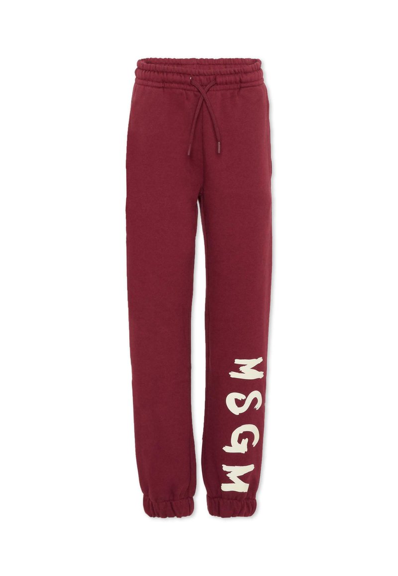 Bordeaux sweatpants met elastische tailleband en trekkoord, met crèmekleurige tekst "MSGM" verticaal gedrukt op het linkerpijp.