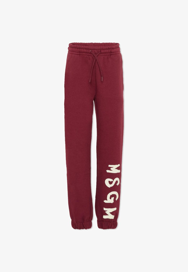 Bordeaux sweatpants met elastische tailleband en trekkoord, met crèmekleurige tekst "MSGM" verticaal gedrukt op het linkerpijp.