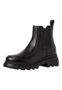 Czarne skórzane botki Chelsea z elastycznymi bocznymi panelami, grubą teksturowaną podeszwą i pętlą do zakładania. Posiadają gładkie wykończenie i okrągły nosek.