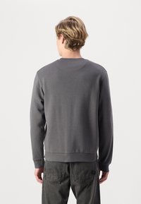 Gray sweatshirt with long sleeves and a round neck. Features a ribbed hem and cuffs, made of soft fabric, with a smooth texture.