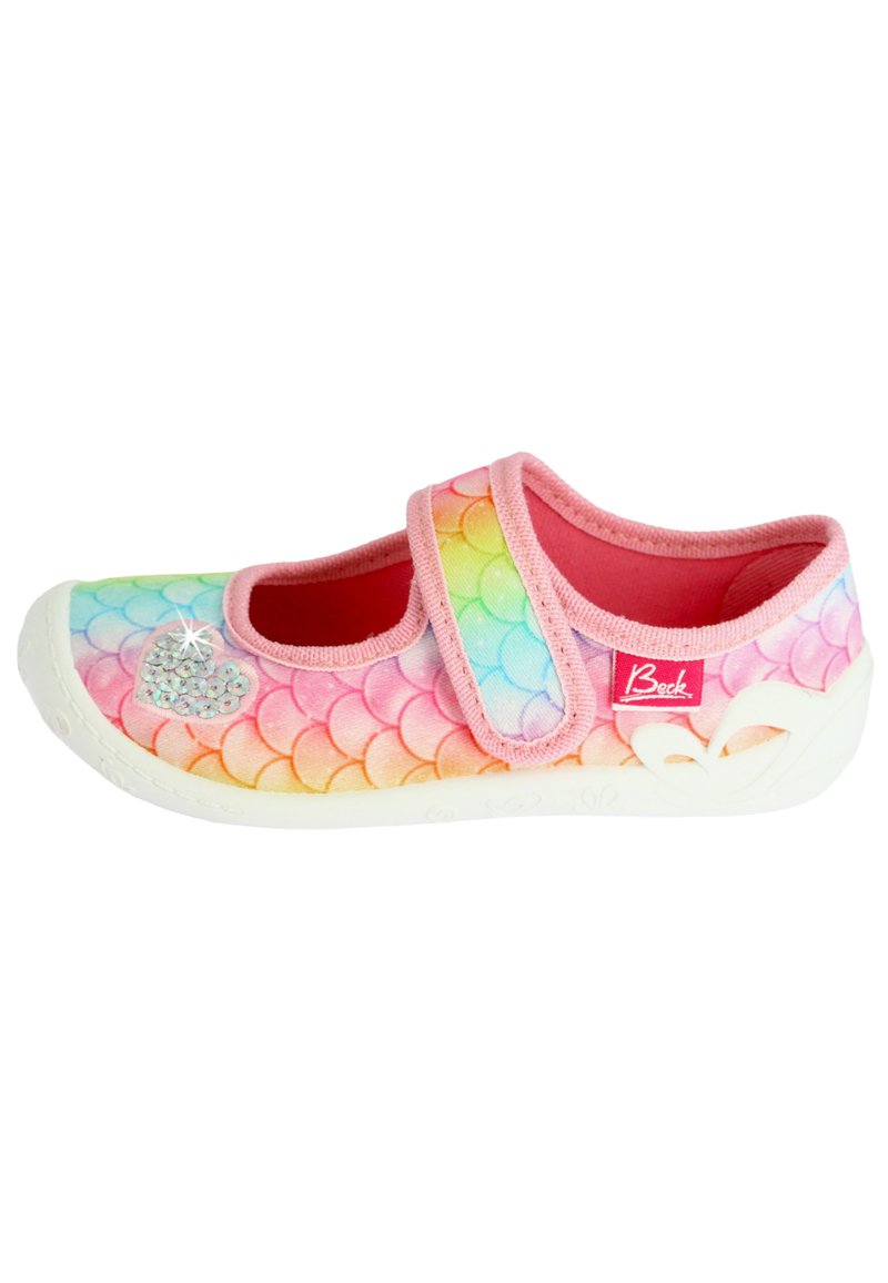 Leichter pinkfarbener Schuh mit Regenbogen-Schuppenmuster, schimmerndem Herz-Akzent und Klettverschluss. Verfügt über eine weiße Sohle und ein weiches Innenfutter.