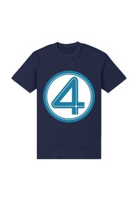 Tmavě modré bavlněné tričko s velkým tyrkysovým kruhem uprostřed, uvnitř kterého je bílé číslo „4“ v tučném, moderním písmu.