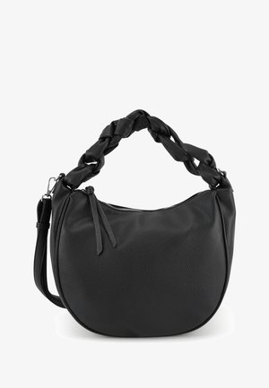 Zwarte leren handtas met een afgeronde vorm, voorzien van een gevlochten handvat, ritssluiting en een zachte, getextureerde oppervlakte. Details omvatten lange kwastjes.