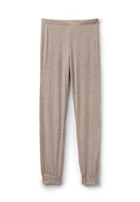 Pantalons en maille douce beige avec taille élastique et poignets, disposés à plat sur un fond blanc.