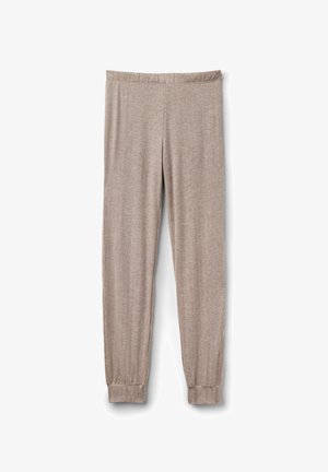 Beiga mjuka stickade byxor med elastiskt midjeband och mudd, liggande plant på en vit bakgrund.