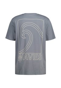 Gray cotton t-shirt featuring a large white wave graphic and "WAVES" text at the bottom. Short sleeves and crew neckline.