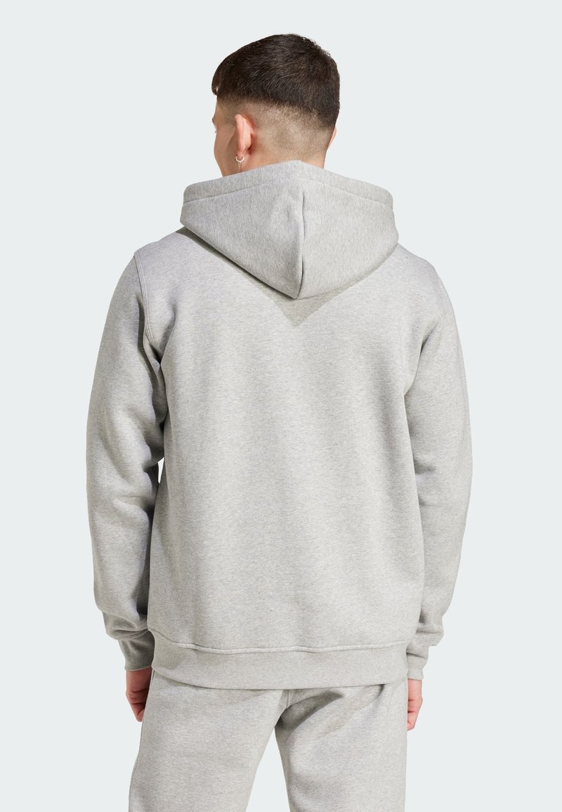 Sudadera gris con capucha, mangas largas y una textura suave. La parte trasera presenta un diseño simple sin logotipos ni patrones visibles.
