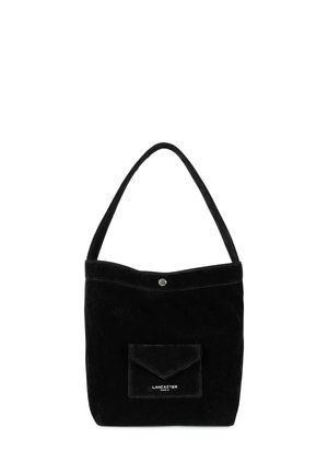 Black suede shoulder bag with single strap, front flap pocket, and "Lancaster Paris" logo in white text.