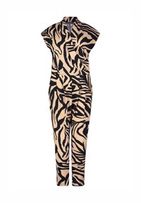 Jumpsuit con stampa zebra in beige e nero, caratterizzato da un design avvolgente, maniche corte e gambe affusolate. Tessuto morbido con una leggera lucentezza.