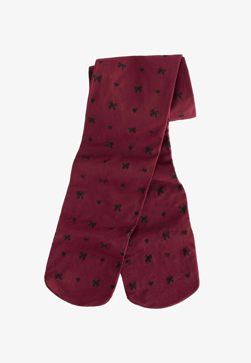 Bordeauxfarbener Schal mit einer weichen Textur und einem Muster aus schwarzen Schleifen und Herzen. Abgerundete Enden mit einem drapierten Design.