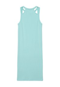 Un vestito senza maniche di colore azzurro chiaro, realizzato in tessuto morbido, con una forma aderente al corpo e spalline incrociate sulla schiena per un tocco di dettaglio in più.