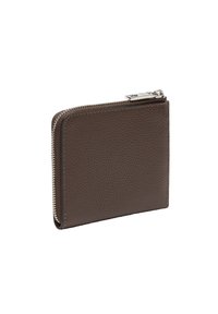 Portefeuille en cuir marron à texture granuleuse avec une fermeture éclair argentée. Forme rectangulaire, avec une surface texturée et un design minimaliste.