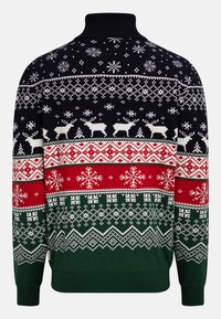 Megztinis su aukštu kaklu. Juodas fonas su baltomis elniais, snaigėmis ir raudonų bei žalių juostų raštais.