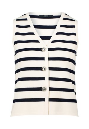 Gilet sans manches avec un col en V, rayures horizontales bleu marine et blanches, comportant trois grands boutons en argent et un tissu texturé.