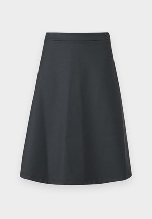 O fustă cu lungimea până la genunchi, evazată, dintr-un material gri închis cu o textură netedă și o talie curată, ajustată, fără modele sau accesorii vizibile.