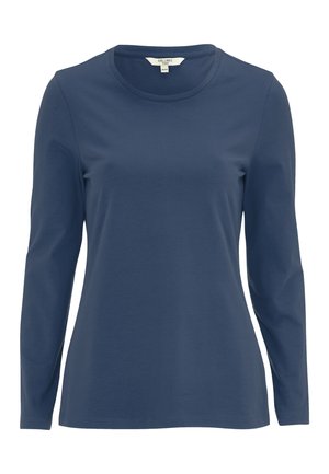 Langærmet navy blå T-shirt lavet af blød bomuld, med rund halsudskæring og lige pasform, uden synlige mønstre eller accenter.