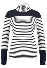 Sweter z golfem w poziome paski, w granatowo-białe pasy, z długimi rękawami i dopasowanym krojem. Miękka dzianina.