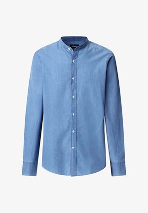 Himmelblaues, langärmliges Hemd mit Knopfleiste aus Denim-Stoff und Stehkragen; weist dezente Nähte und weiße Knöpfe auf.