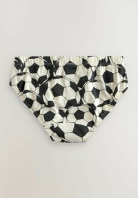 Costume da bagno stampato a pallone da calcio in bianco e nero, con cintura elastica, tessuto morbido e design aderente.