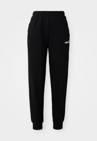 Zwarte katoenen trainingsbroek met een elastische tailleband, zijzakken, geribbelde boorden en een klein gedrukt logo op de linker bovenbeen.