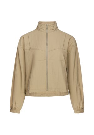 Beige lightweight jacket with a front zipper, high collar, long sleeves, and elastic cuffs.