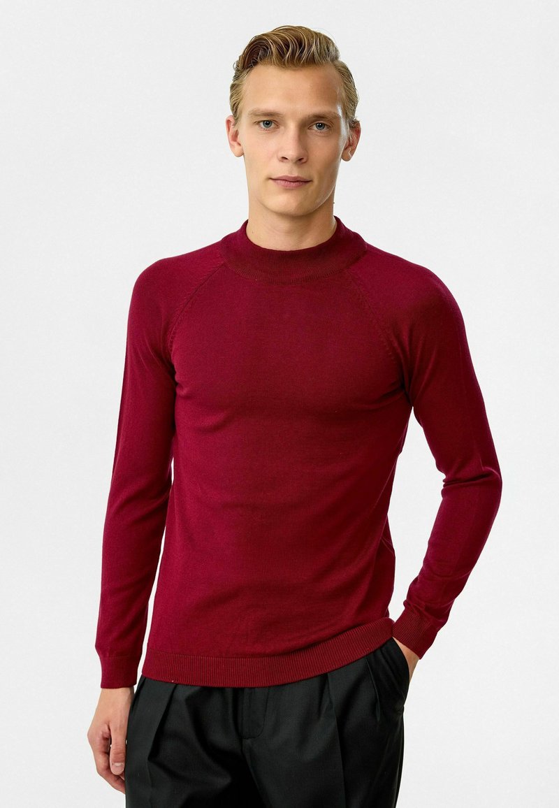 Pull-over bordeaux à manches longues avec un col montant, des poignets côtelés et une ceinture côtelée ; fabriqué dans un matériau en tricot lisse et léger.