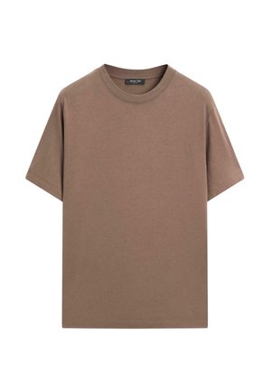 Brown cotton T-shirt, short sleeves, crew neck, relaxed fit. Smooth texture with no visible patterns or accents.