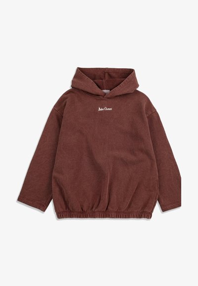 Braunes Kapuzen-Sweatshirt mit langen Ärmeln, elastischem Saum und "Bobo Choses" in Weiß auf der Brust gestickt.