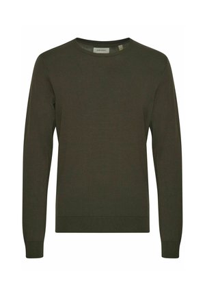 Oliva zöld kötött pulóver kerek nyakkivágással, hosszú ujjakkal, bordás mandzsettával és hem. Simá szövet, minta vagy díszítés nélkül.