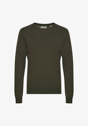 Oliva zöld kötött pulóver kerek nyakkivágással, hosszú ujjakkal, bordás mandzsettával és hem. Simá szövet, minta vagy díszítés nélkül.