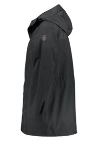 Imperméable noir avec capuche, manches longues et un petit patch rond avec logo sur le haut du bras gauche.