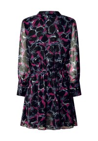 Robe noire avec un motif floral dans des teintes de violet, gris et blanc, à manches longues, taille cintrée et détails de poignet boutonné.
