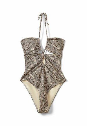 Costum de baie întreg, cu decolteu halter, cu model paisley maro și bej, având o decupare în față și închidere cu fundă la gât.