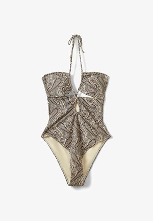 Egyrészes, barna és bézs paisley mintás nyakba kötős fürdőruha elöl kivágással és nyakpántos megkötővel.