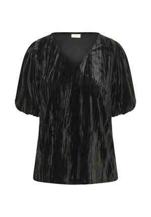 Blouse en velours noir écrasé avec décolleté en V et manches courtes bouffantes, coupe ample et texture légèrement brillante.