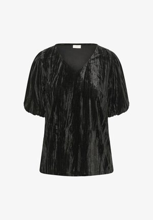 Blouse en velours noir écrasé avec décolleté en V et manches courtes bouffantes, coupe ample et texture légèrement brillante.