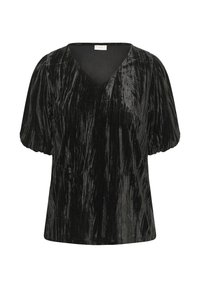 Blusa in velluto nero a costine con scollatura a V e maniche corte a sbuffo, vestibilità ampia e texture lucida discreta.