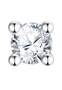 Kruhový diamant s brilantným brusením, zasadený v striebornom puzdre so štyrmi guľovými akcentmi. Čistý a reflektívny povrch, ktorý predvádza zložitú facetu.