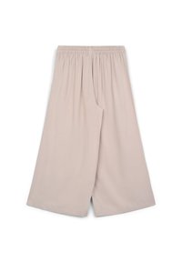 Pantaloni a gamba larga beige chiaro con vita elastica, realizzati in un tessuto morbido e liscio; presentano una silhouette rilassata e nessuna tasca visibile.