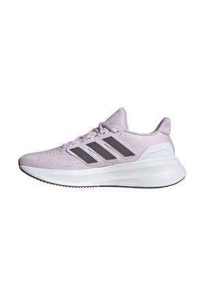Light purple athletic shoes with three grey stripes, a textured upper, cushioned white midsole, and black rubber outsole.