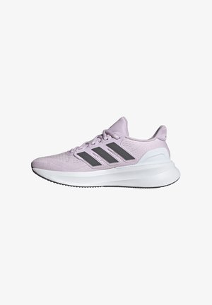 Light purple athletic shoes with three grey stripes, a textured upper, cushioned white midsole, and black rubber outsole.