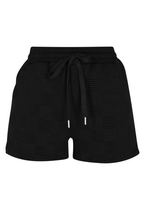 Černé šortky vyrobené z texturované látky s mřížkovým vzorem, s elastickým pasem, stahovací šňůrkou a bočními kapsami.