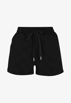 Černé šortky vyrobené z texturované látky s mřížkovým vzorem, s elastickým pasem, stahovací šňůrkou a bočními kapsami.