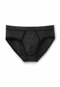 Zwarte herenonderbroeken van gladde stof, met een strakke pasvorm, elastische tailleband met branding en een ondersteunende voorkant.